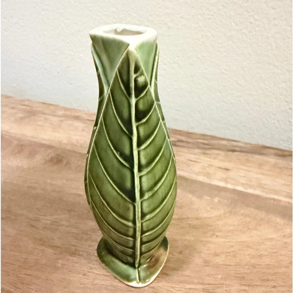 Vintage Bud Vase Green Leaf Motif Ceramic Small 4in